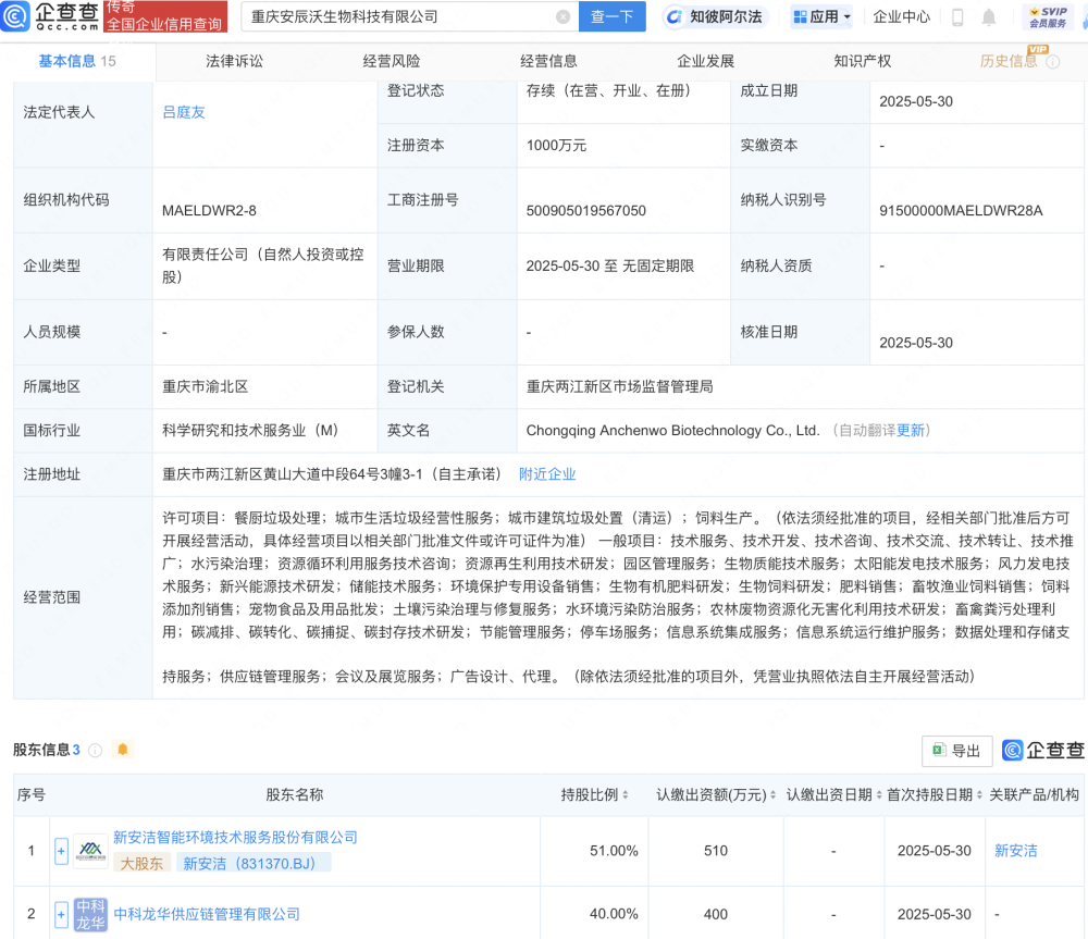 新安潔資成立重慶新生物科技公司，布局畜牧漁業飼料銷售領域